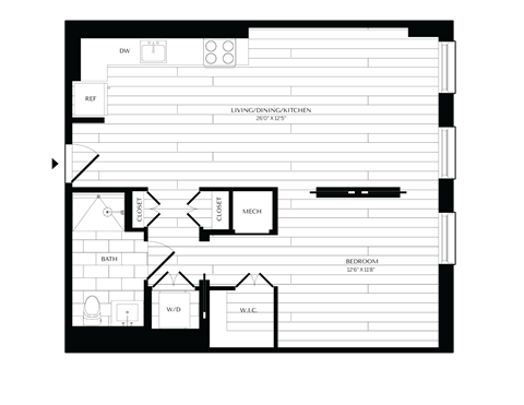 Floor plan for 1 bed, 1 bath, 766 sqft